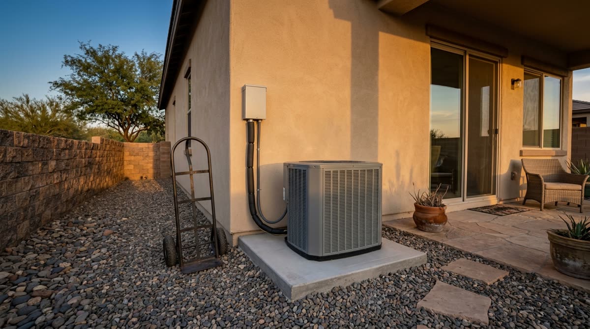 A new condenser on a pad beside a stucco wall in late afternoon light with a hand truck.