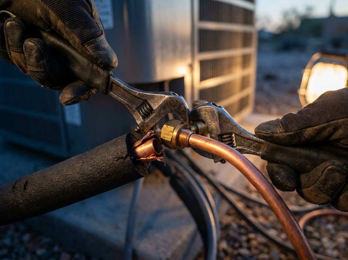 Two wrenches tighten a brass flare nut on an insulated copper line, shown in close view.