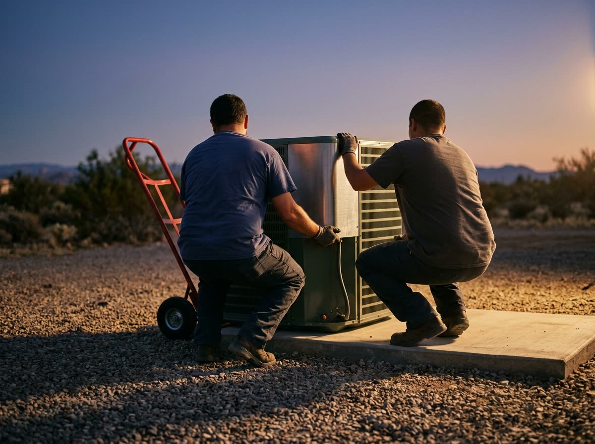 Two workers seen from behind ease a condenser off a hand truck onto a concrete pad.
