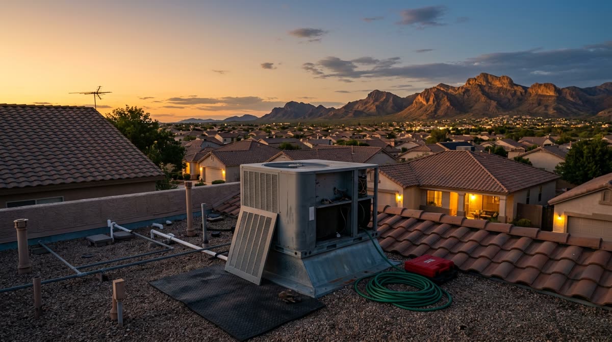 A rooftop package unit with panels removed at golden hour, a hose coiled on the roof deck.