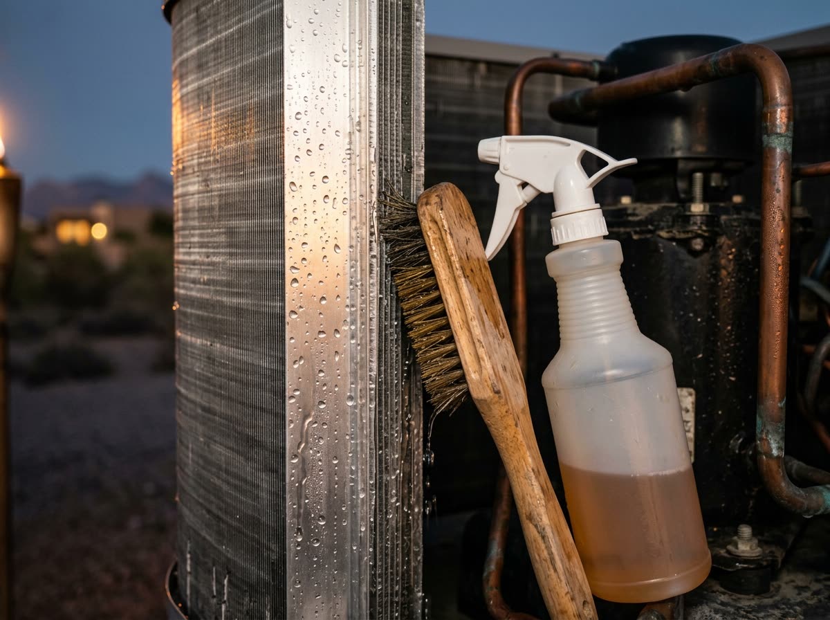 A brush and spray bottle rest against condenser fins beaded with water in warm light.