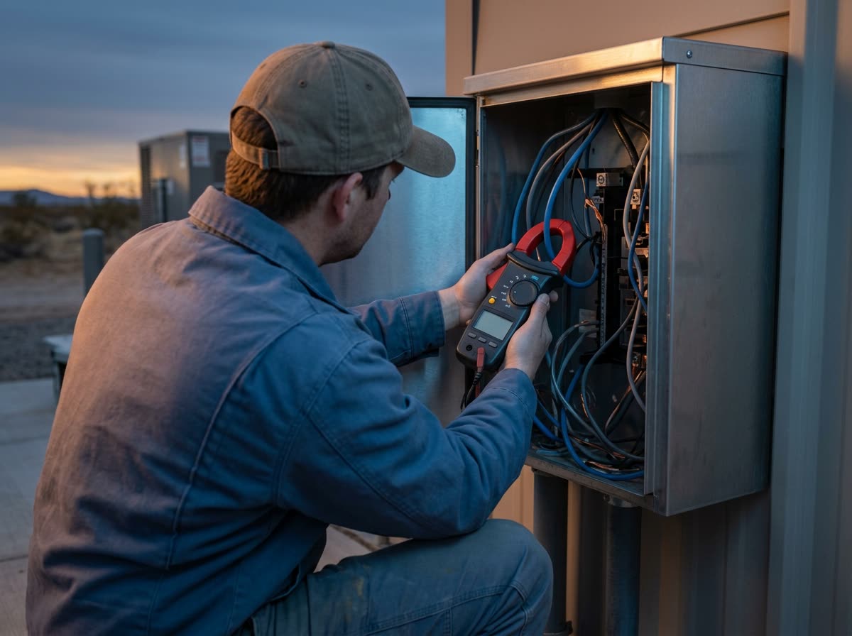 A technician on one knee clamps a meter around a wire in an open unit, seen from behind.