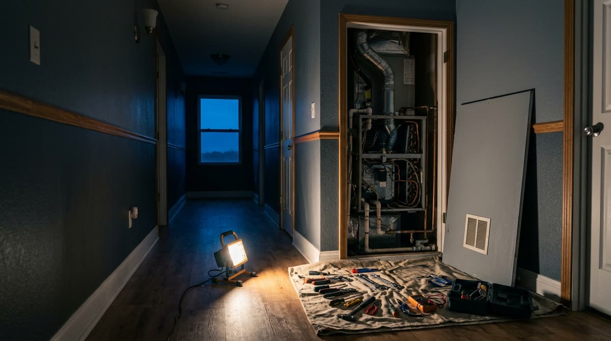 An open air handler closet in a dim hallway with tools on a drop cloth under a work light.