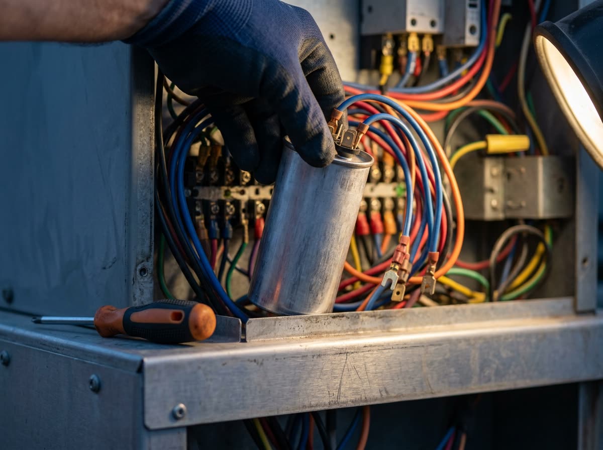 Gloved fingers withdraw a cylindrical capacitor from an electrical compartment full of wires.