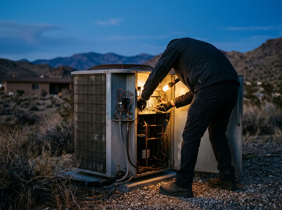 A technician reaches into an open condenser panel at dusk holding a flashlight, back turned.