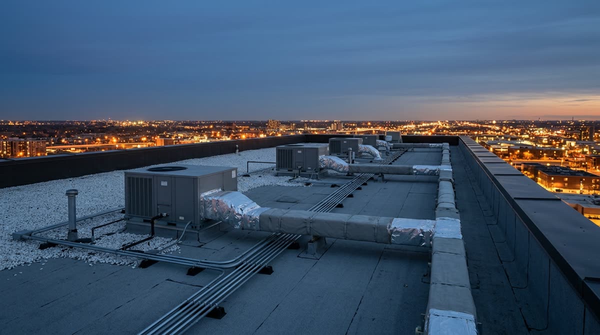 Packaged units spread across a flat commercial roof at blue hour with city glow behind.