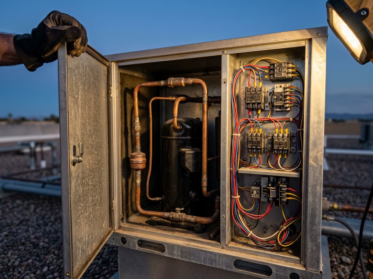 An opened rooftop unit showing a compressor and piping with a gloved hand on the panel.