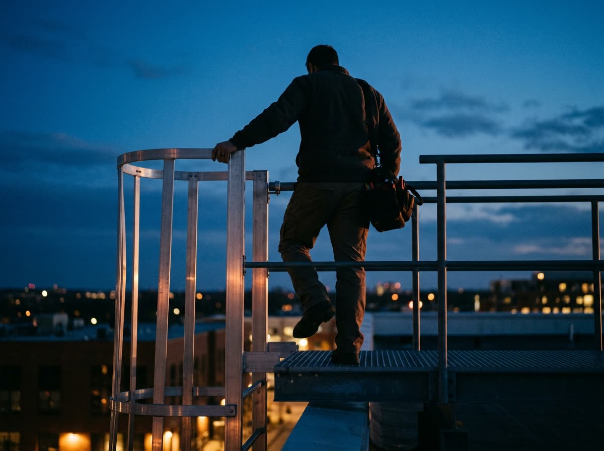 A technician steps off a roof ladder cage with a tool bag, silhouetted against evening sky.