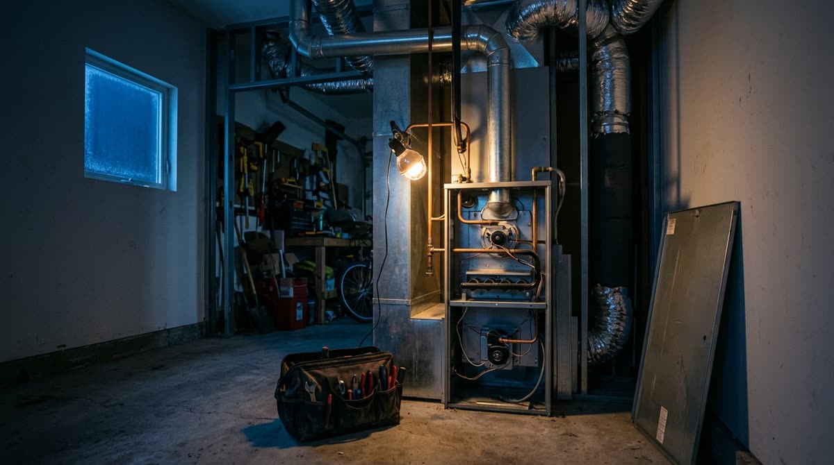 A garage furnace cabinet stands open before dawn with ducts overhead and a work lamp glowing.