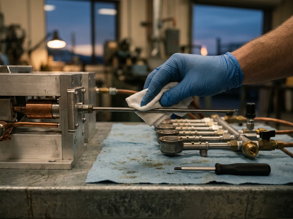 A gloved hand cleans a slim sensor rod with cloth beside burners and a hex driver.