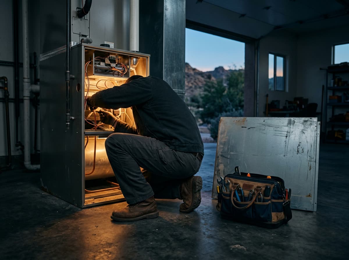 A technician crouches with head and shoulders inside a furnace cabinet, tool bag beside them.