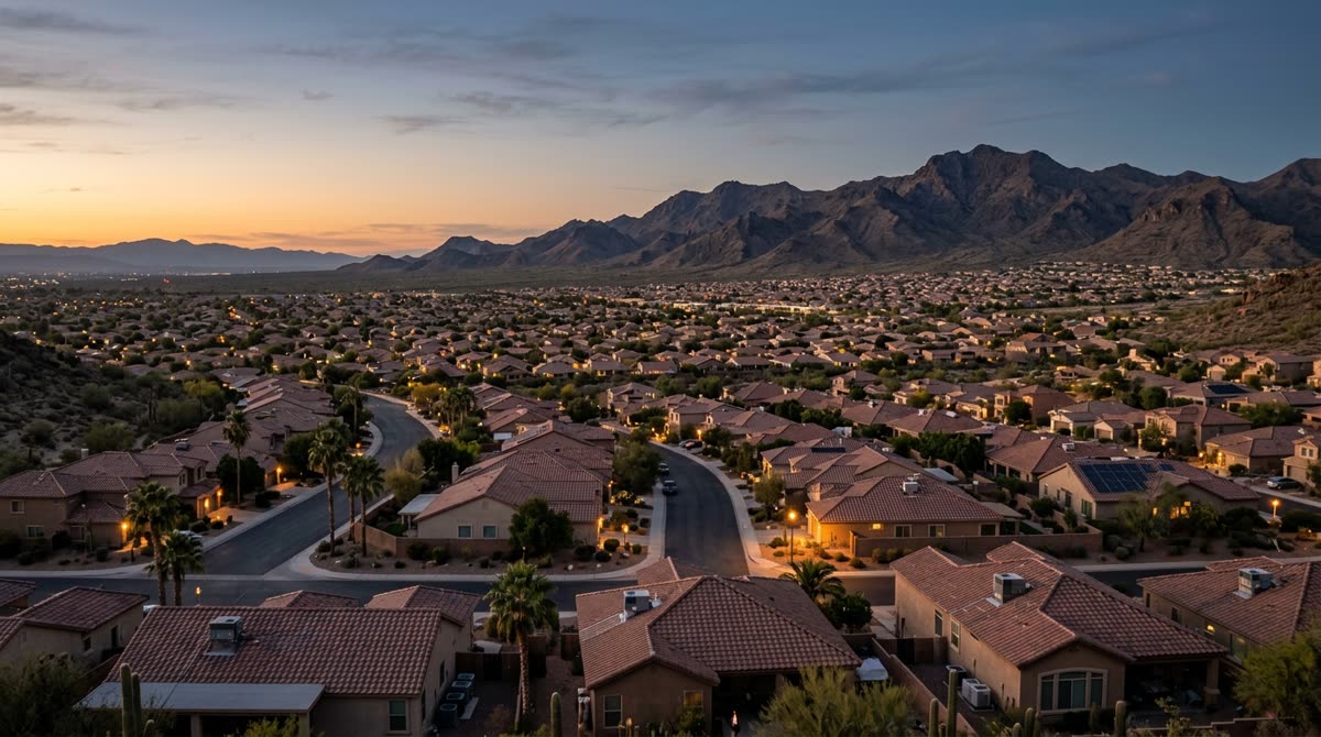 A dusk view over a desert valley suburb with rooftop units on tile roofs and distant mountains.