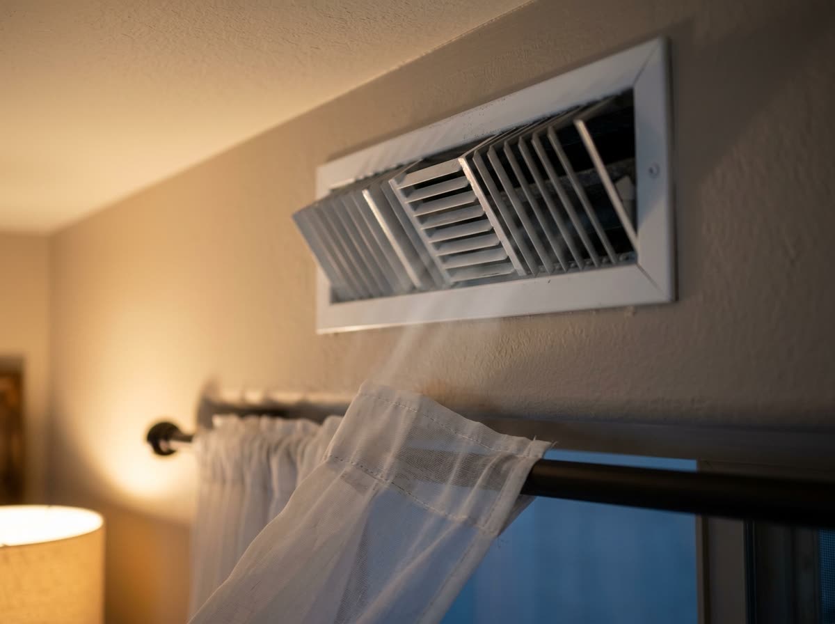 A ceiling supply register with a sheer curtain hem lifting in the airflow just below it.