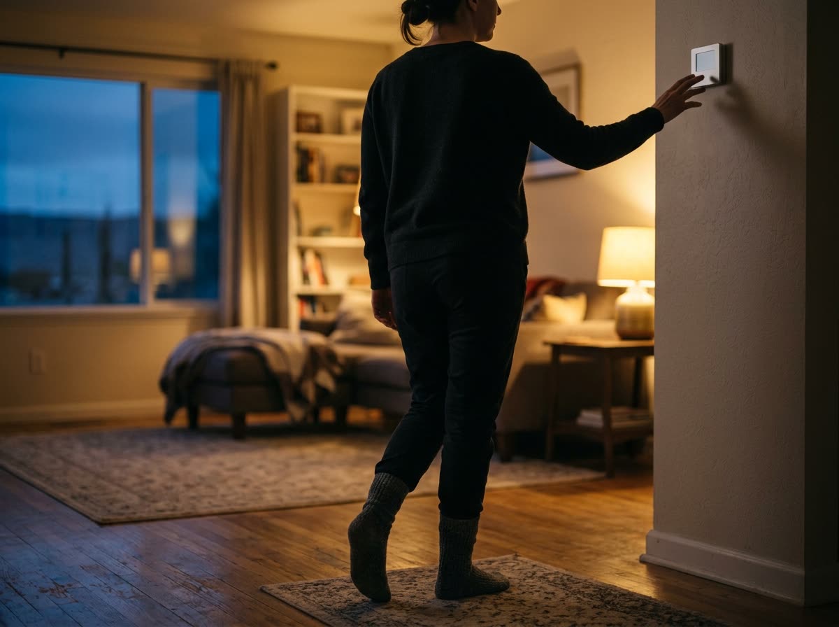 A person in socks reaches toward a blank wall thermostat in a dim living room, seen from behind.