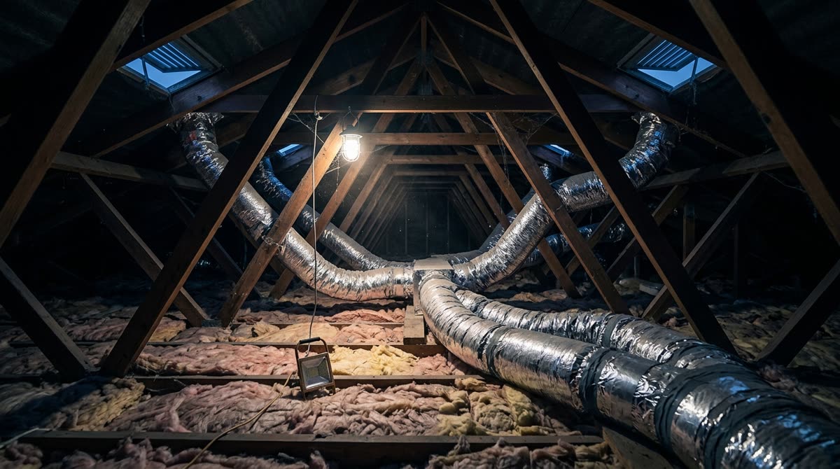 A dim attic with flexible duct runs, sealed joints and insulation lit by a work light beam.