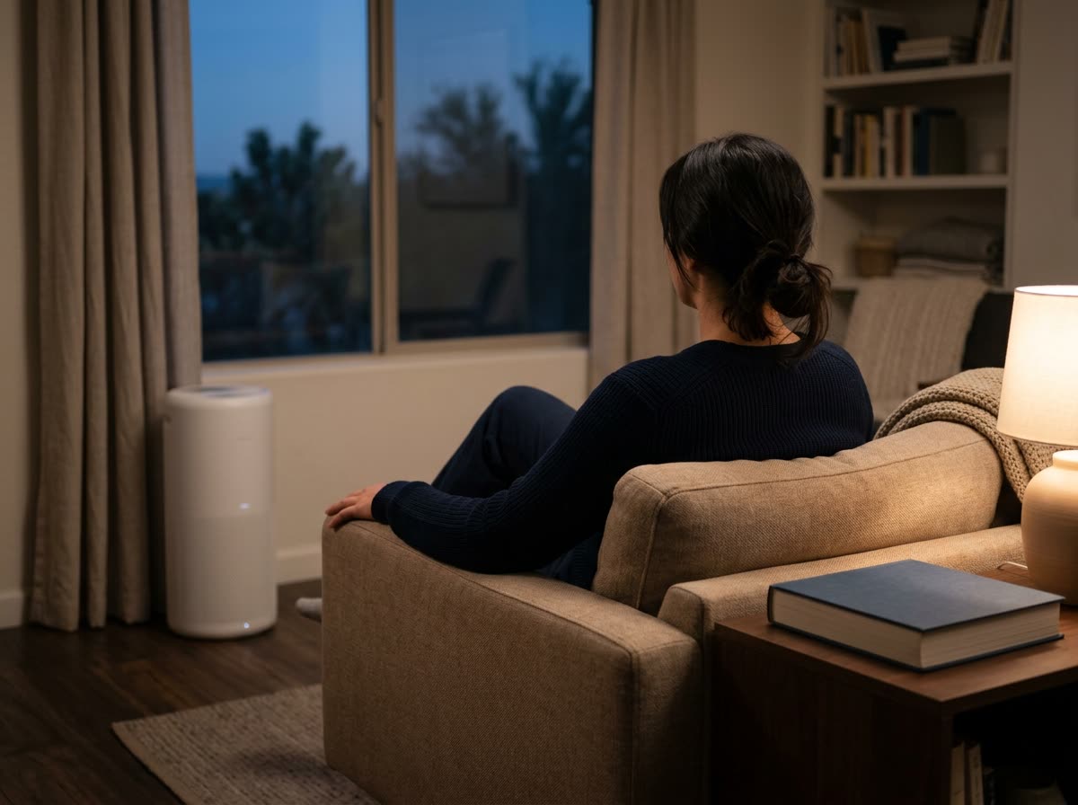 A person sits on a sofa seen from behind with a floor air purifier running by the window.